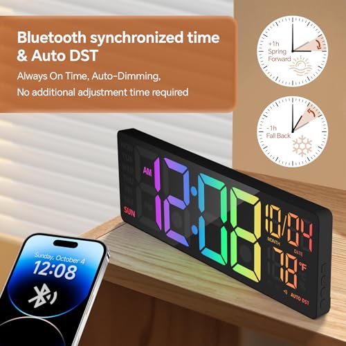 YISILE 16" Digital Wall Clock with Night Light, Digital Clock with RGB Colors Changing Remote Control, Dual Alarm, Dimmer, Auto DST, Voice Control, Auto Time Sync, Clocks for Living Room, Gift for Elderly - Image 4