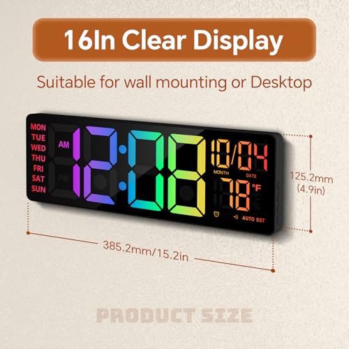 YISILE 16" Digital Wall Clock with Night Light, Digital Clock with RGB Colors Changing Remote Control, Dual Alarm, Dimmer, Auto DST, Voice Control, Auto Time Sync, Clocks for Living Room, Gift for Elderly - Image 2