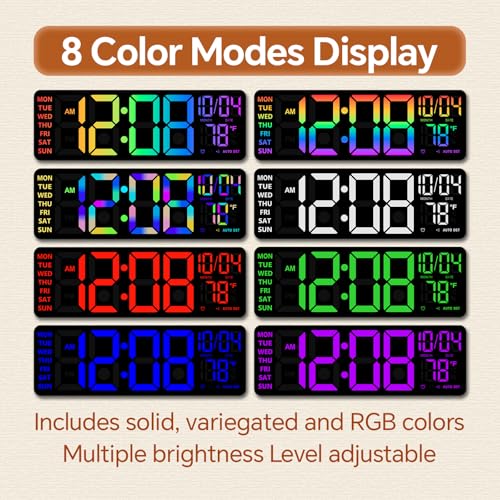 YISILE 16" Digital Wall Clock with Night Light, Digital Clock with RGB Colors Changing Remote Control, Dual Alarm, Dimmer, Auto DST, Voice Control, Auto Time Sync, Clocks for Living Room, Gift for Elderly - Image 3