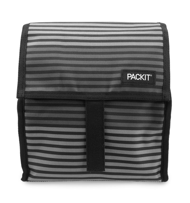 PackIt Freezable Lunch Bag Gray Stripes Built with EcoFreeze Technology Foldable Reusable Zip and Fold Closure with Buckle Handle Perfect for School and Office Lunches