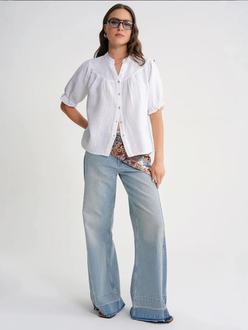 ميكسراي قميص ميكسراي بأزرار وأكمام قصيرة من مزيج الكتان