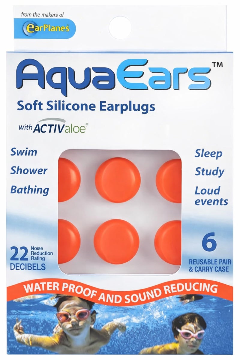 Aqua Ears Ear Plugs AquaEars Red 6 Pair Soft Silicone carry case with Activ Aloe For Sleep Swim Meditation Water Proof, Sound Reducing Study Loud Events Shower - Image 1