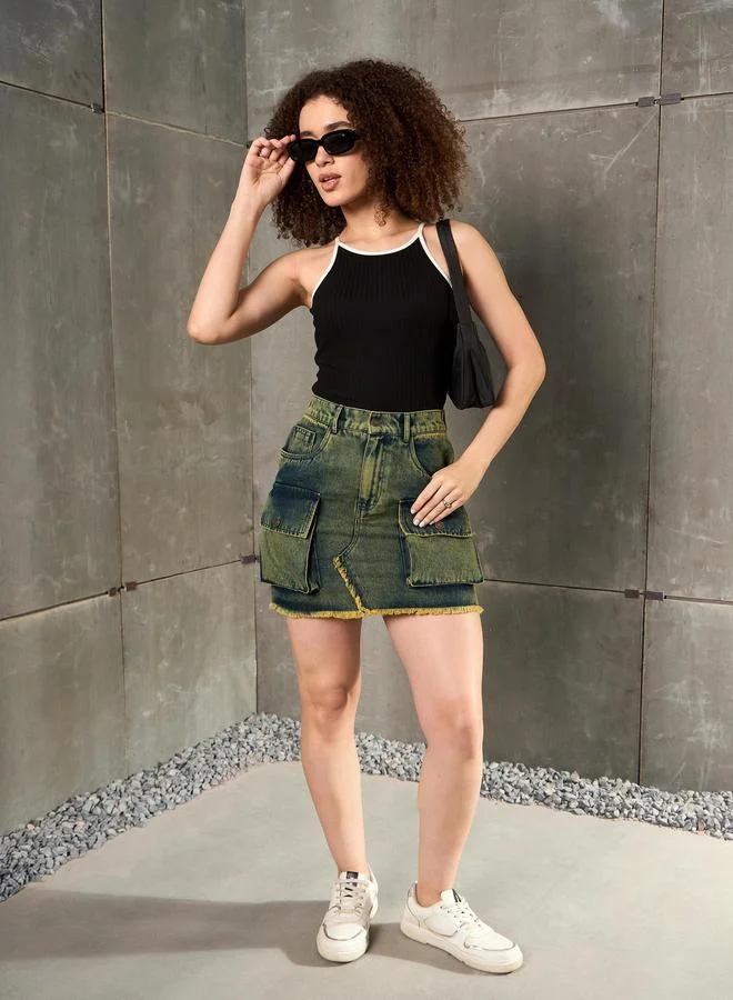 SASSAFRAS Sassafras Women Green Washed Denim A-Line Mini Skirt with Fringe Detail