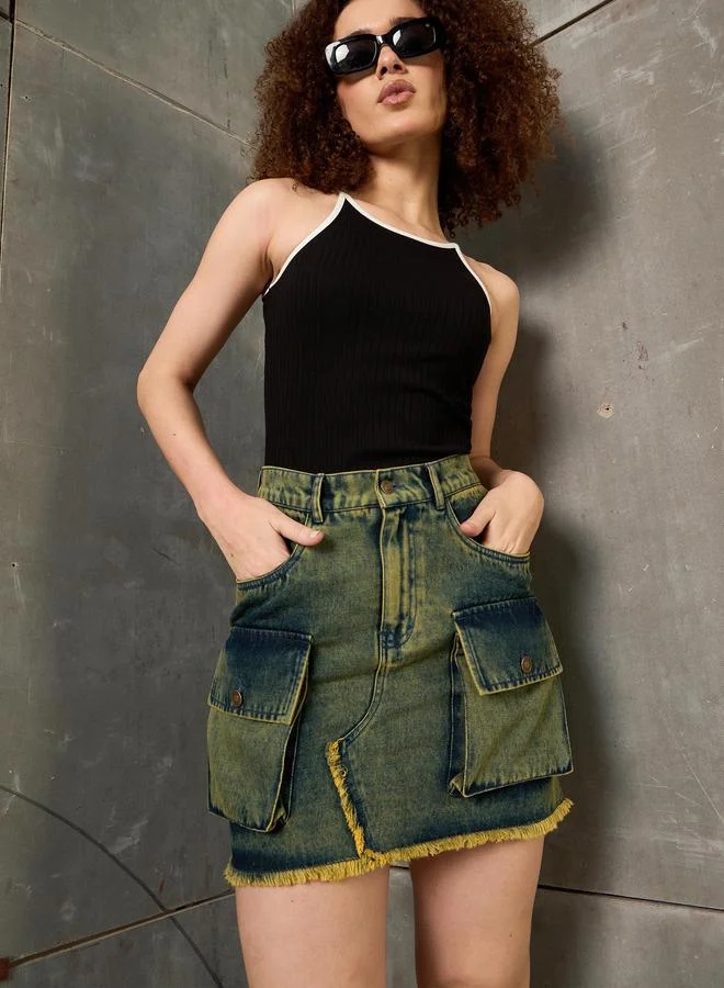 SASSAFRAS Sassafras Women Green Washed Denim A-Line Mini Skirt with Fringe Detail