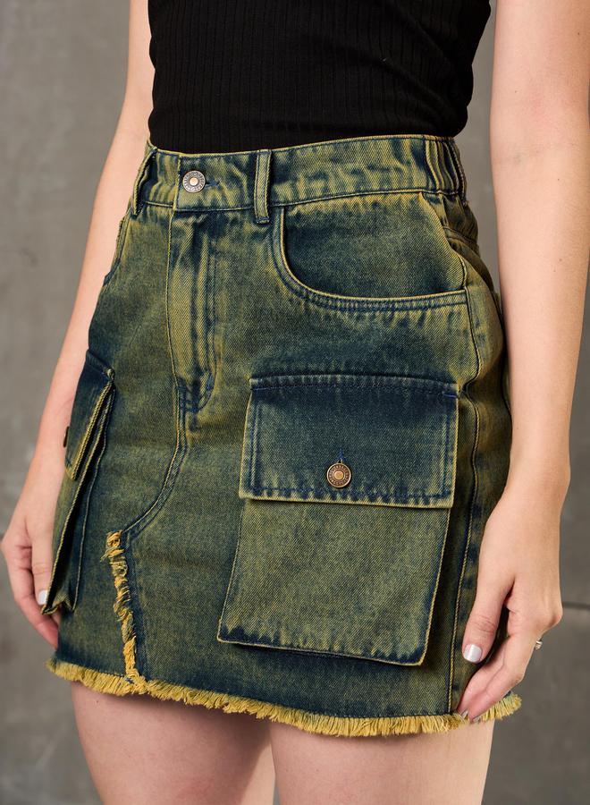 ساسافراس تنورة قصيرة - نسائية من دنيم مغسول باللون الأخضر مع تفاصيل شراشيب من ساسافراس - Image 4