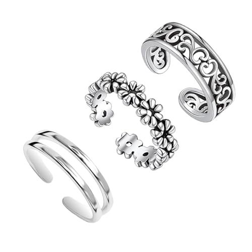 LeCalla 3 Pcs 925 Sterling Silver Toe Rings Lightweight Cute Flower Heart Band Ring Open Adjustable Foot Toe Ring for Women - Image 1