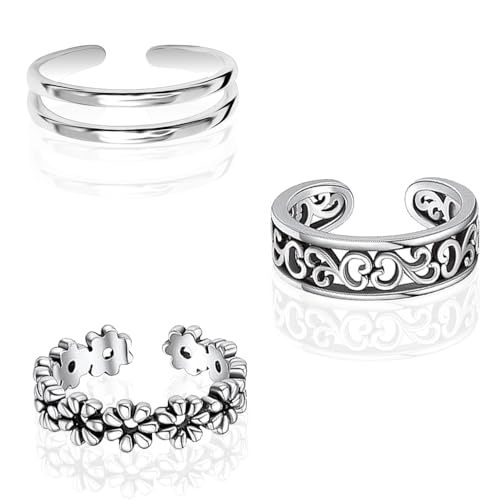LeCalla 3 Pcs 925 Sterling Silver Toe Rings Lightweight Cute Flower Heart Band Ring Open Adjustable Foot Toe Ring for Women - Image 2