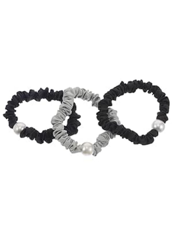3Pcs Pearl Beaded Hair Scrunchies Elastic Ponytail Holders For Women Navy Black Silver Gray - Image 1