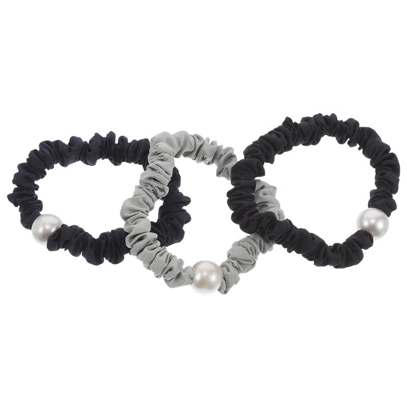 3Pcs Pearl Beaded Hair Scrunchies Elastic Ponytail Holders For Women Navy Black Silver Gray - Image 2