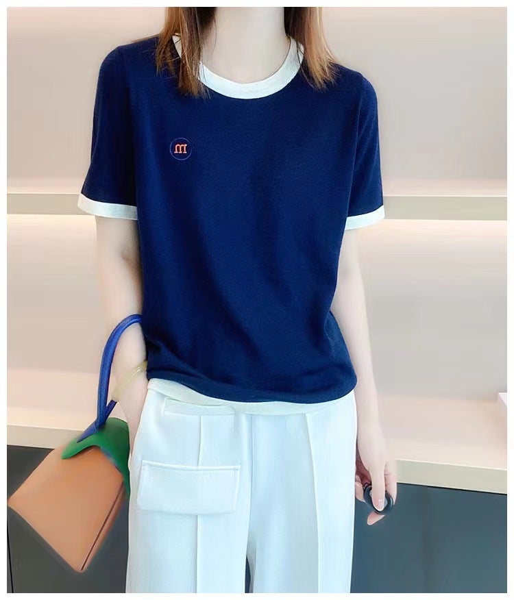 Summer Thin Worsted Pure Wool Short-sleeved T-shirt Women's Round Neck M-shaped Embroidered Knitted Half-sleeved Tencel Top Base Shirt - Image 1