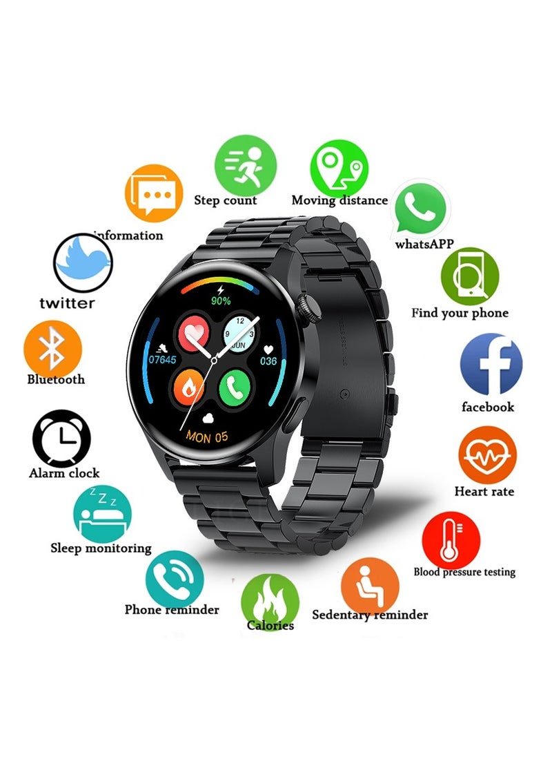 Men's Fashion Simplicity Style Full Touch Screen Round IP67 Waterproof Multifunctional Sports Smart Watch Bluetooth Call Support Android IOS Black Stainless Steel Free Silicone band