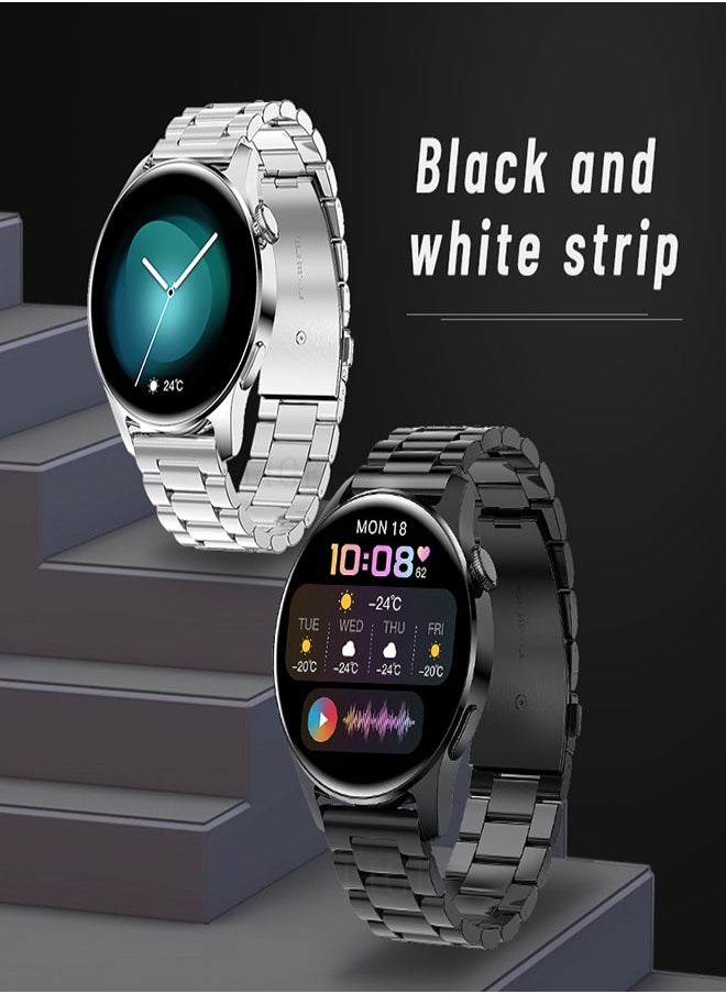 Men's Fashion Simplicity Style Full Touch Screen Round IP67 Waterproof Multifunctional Sports Smart Watch Bluetooth Call Support Android IOS Black Stainless Steel Free Silicone band
