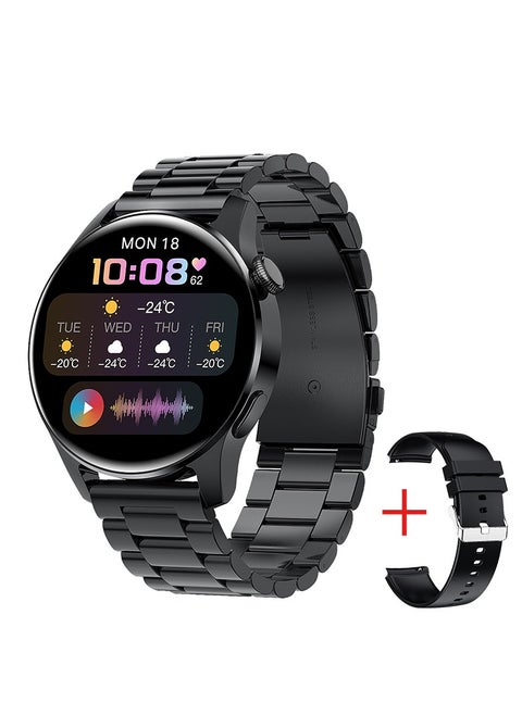 Men's Fashion Simplicity Style Full Touch Screen Round IP67 Waterproof Multifunctional Sports Smart Watch Bluetooth Call Support Android IOS Black Stainless Steel Free Silicone band