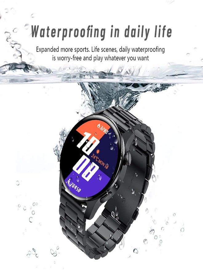 Men's Fashion Simplicity Style Full Touch Screen Round IP67 Waterproof Multifunctional Sports Smart Watch Bluetooth Call Support Android IOS Black Stainless Steel Free Silicone band