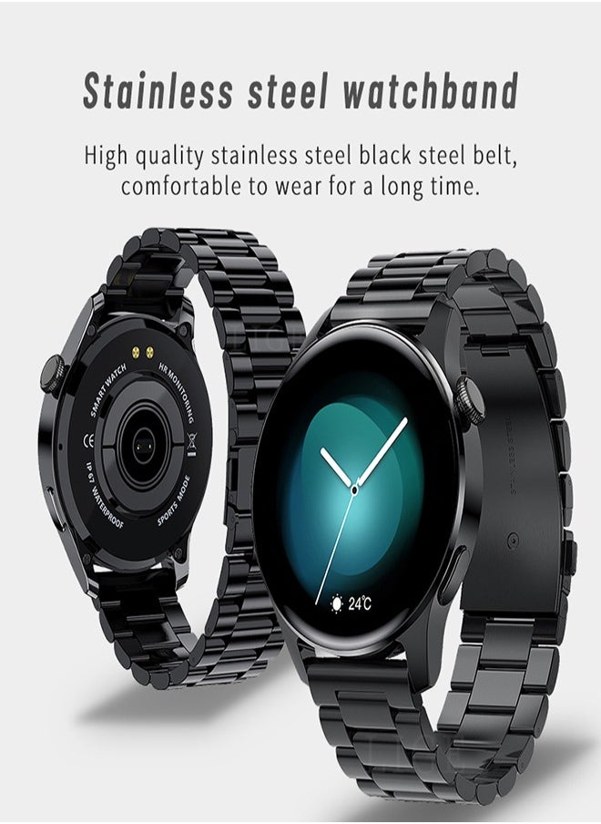 Men's Fashion Simplicity Style Full Touch Screen Round IP67 Waterproof Multifunctional Sports Smart Watch Bluetooth Call Support Android IOS Black Stainless Steel Free Silicone band
