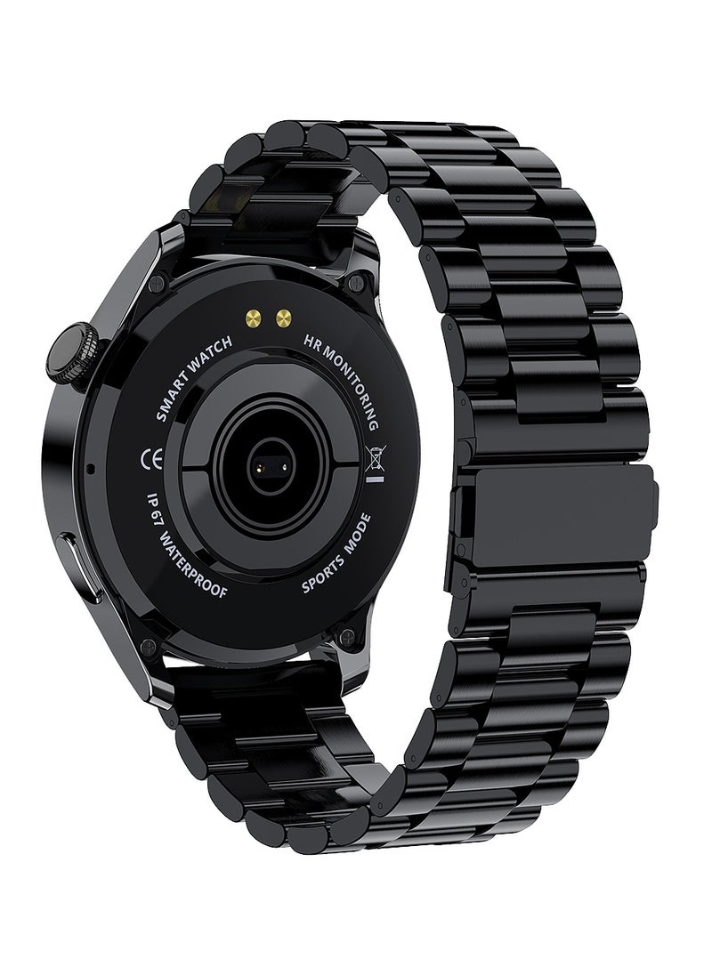 Men's Fashion Simplicity Style Full Touch Screen Round IP67 Waterproof Multifunctional Sports Smart Watch Bluetooth Call Support Android IOS Black Stainless Steel Free Silicone band