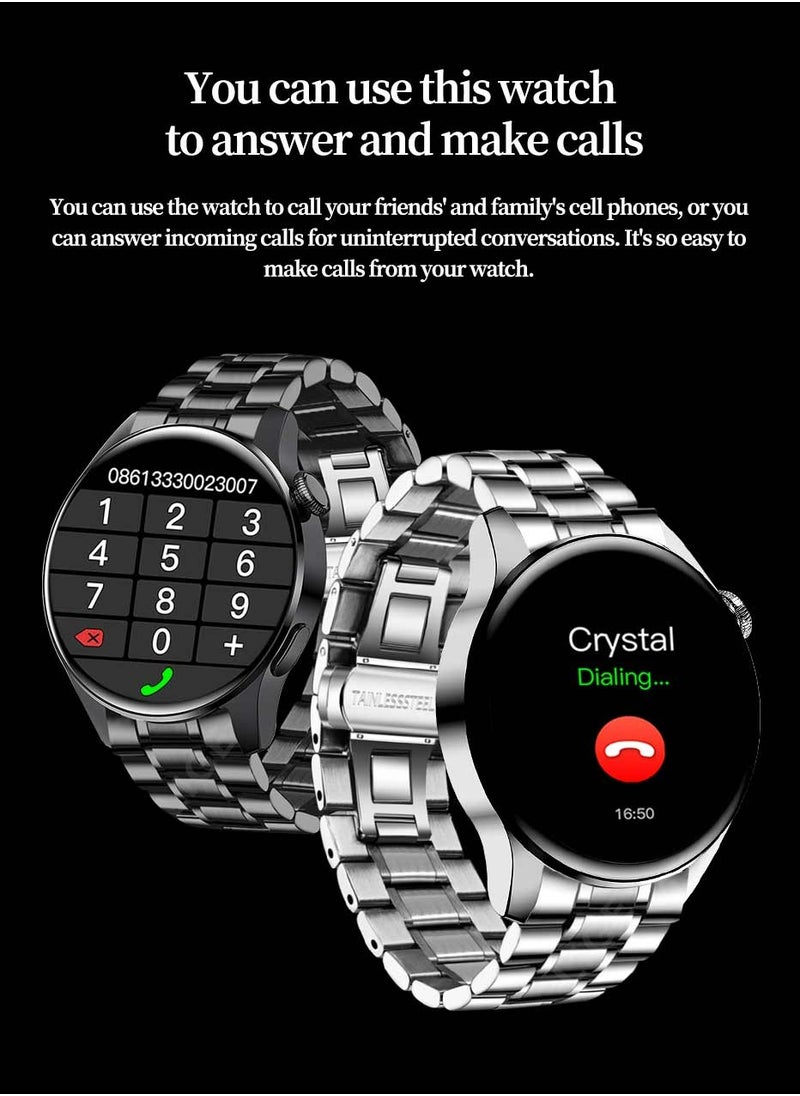 Men's Fashion Simplicity Style Full Touch Screen Round IP67 Waterproof Multifunctional Sports Smart Watch Bluetooth Call Support Android IOS Black Stainless Steel Free Silicone band