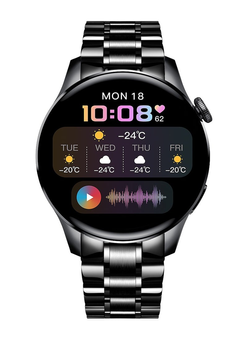 Men's Fashion Simplicity Style Full Touch Screen Round IP67 Waterproof Multifunctional Sports Smart Watch Bluetooth Call Support Android IOS Black Stainless Steel Free Silicone band