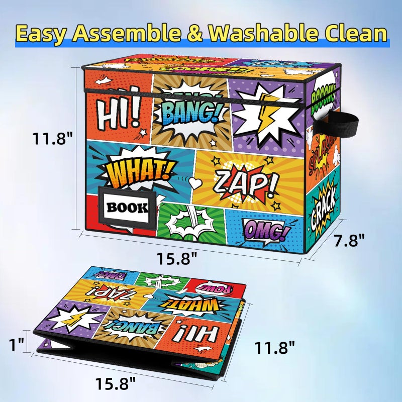 YNSZAS 2 Pack Comic Book Storage box, Collection 15.8" X 7.8" X 11.8", Collapsible Holds 160-180 Comic Book Short Box Organizer Container Holder Shelf(Cartoon Colorful) - Image 4
