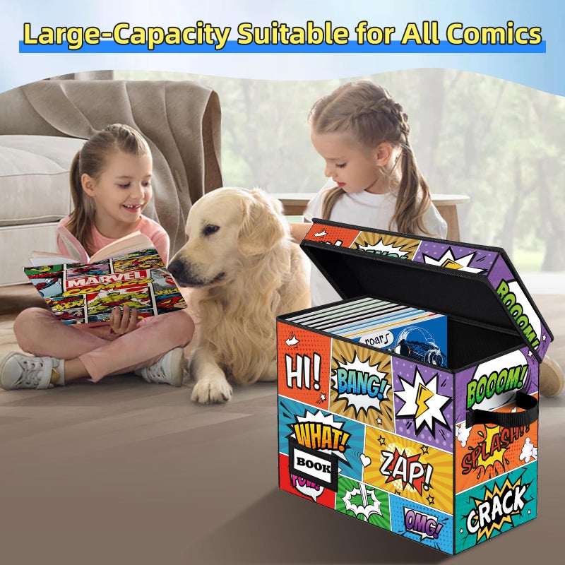 YNSZAS 2 Pack Comic Book Storage box, Collection 15.8" X 7.8" X 11.8", Collapsible Holds 160-180 Comic Book Short Box Organizer Container Holder Shelf(Cartoon Colorful) - Image 2