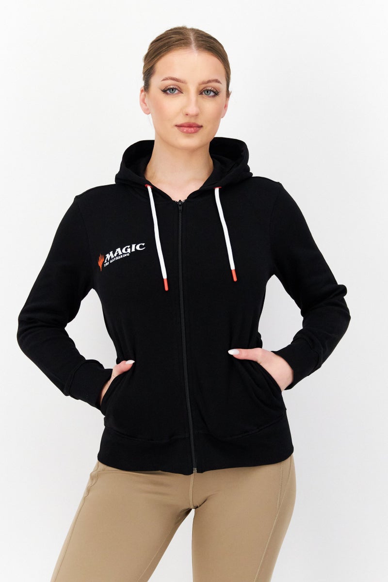 DIFUZED Women Hooded Long Sleeve Full Zip Embroidered Sweatshirt, Black - Image 1