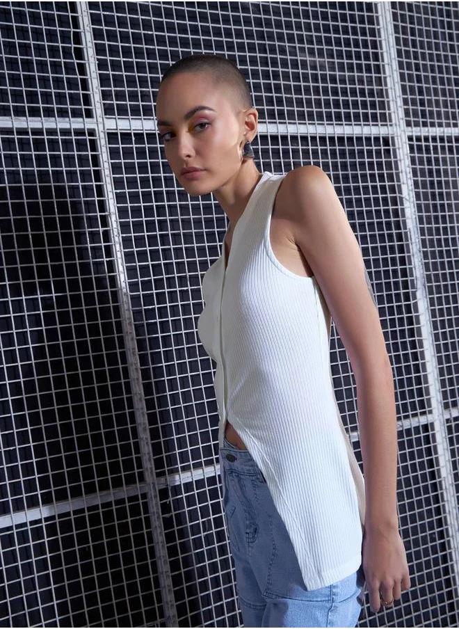ساسافراس Rib Front Button Sleeveless Top by Styli