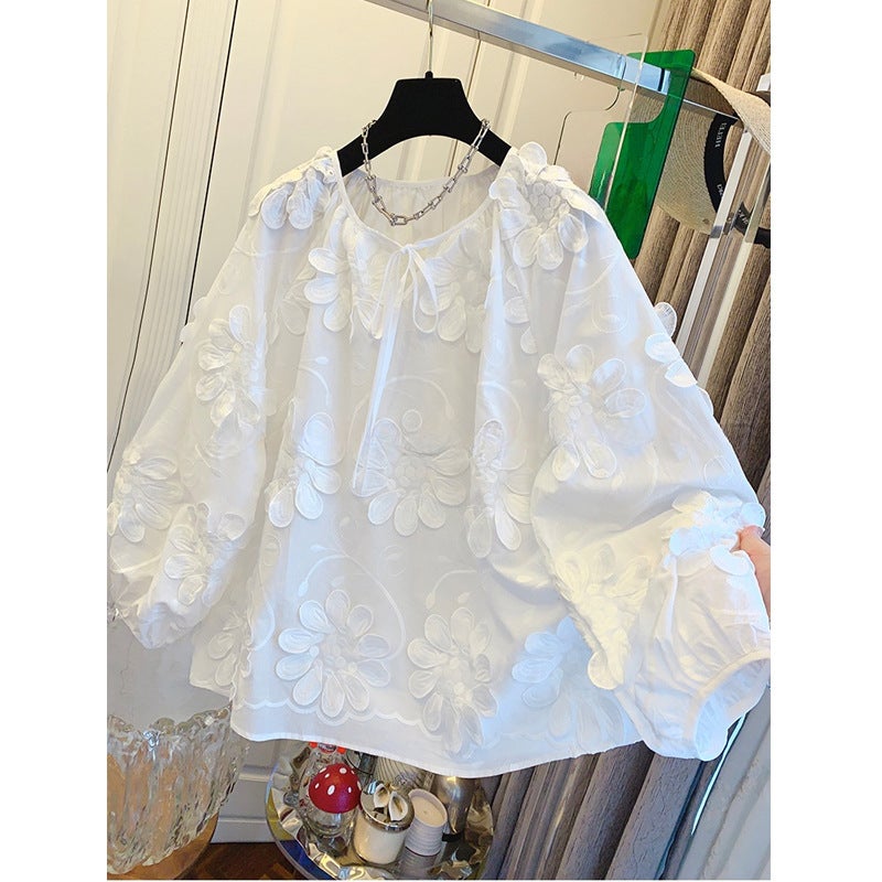European Station 2025 Spring and Autumn Retro Fashion Heavy Embroidery Lace-Up Sweet Long-Sleeve Loose Shirt Womens Trendy Top White