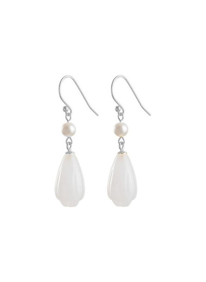 نيبمينينت Magnolia Flower Ear Hook Hetian Jade Earrings High-grade National Fashion Retro White Chalcedony Pearl Niche 