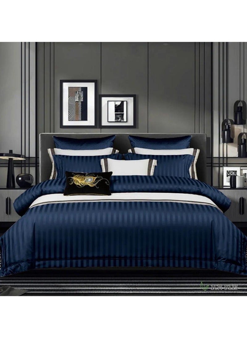 COMFY 6 PIECE 100 % COTTON HOTEL QUALITY STRIPED KING SIZE COMFORTER SET NAVY BLUE - Image 1