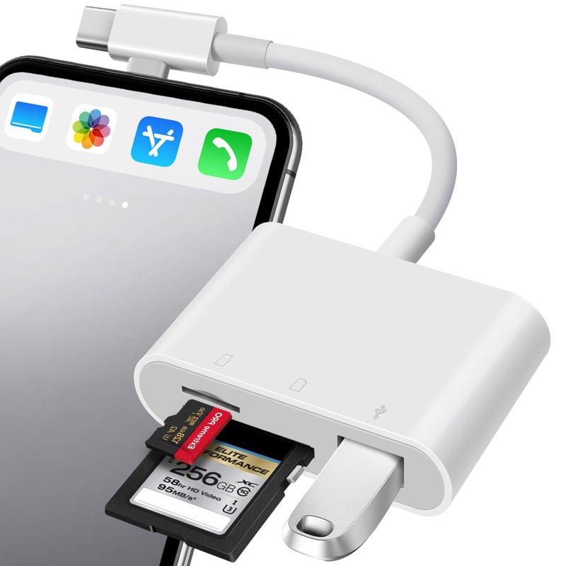 OPxjzws قارئ بطاقة SD OPxjzws لجهاز iPhone، محول بطاقة SD مع موصلات مزدوجة Lightening و USB C، يدعم microSD و SD و USB-A OTG، قارئ ذاكرة كاميرا محمولة لجهاز iPhone و Mac و MacBook و iPad - Image 1