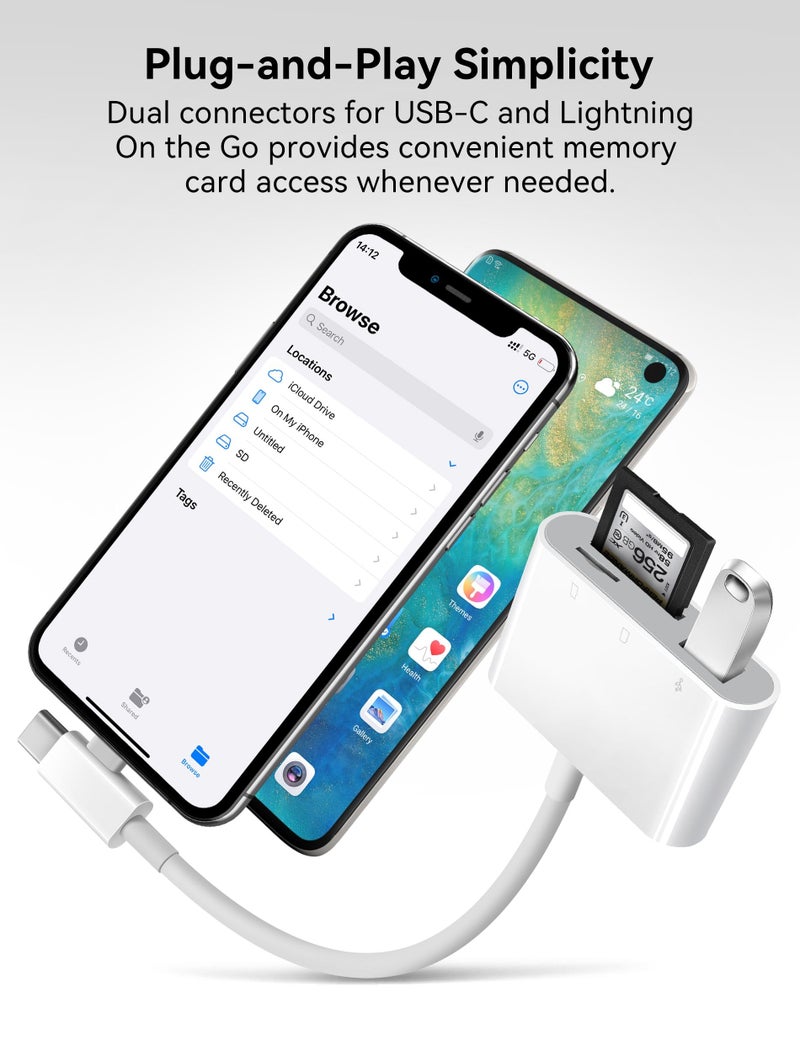 OPxjzws قارئ بطاقة SD OPxjzws لجهاز iPhone، محول بطاقة SD مع موصلات مزدوجة Lightening و USB C، يدعم microSD و SD و USB-A OTG، قارئ ذاكرة كاميرا محمولة لجهاز iPhone و Mac و MacBook و iPad - Image 5