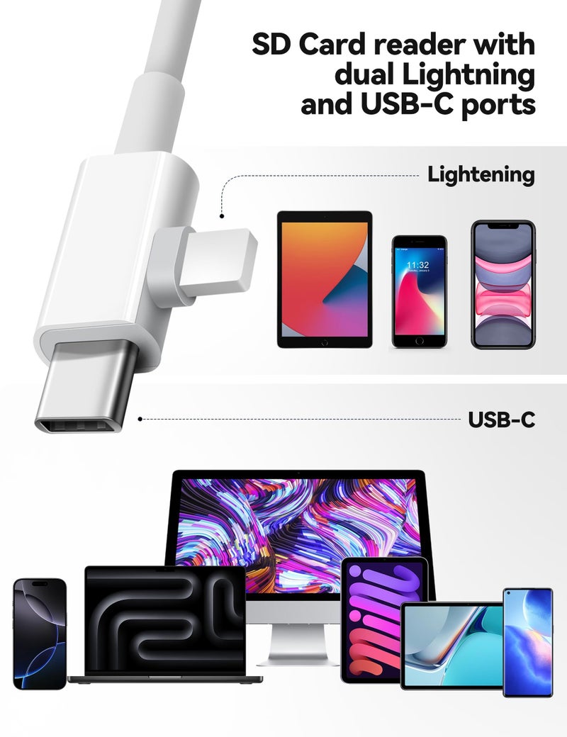 OPxjzws قارئ بطاقة SD OPxjzws لجهاز iPhone، محول بطاقة SD مع موصلات مزدوجة Lightening و USB C، يدعم microSD و SD و USB-A OTG، قارئ ذاكرة كاميرا محمولة لجهاز iPhone و Mac و MacBook و iPad - Image 3