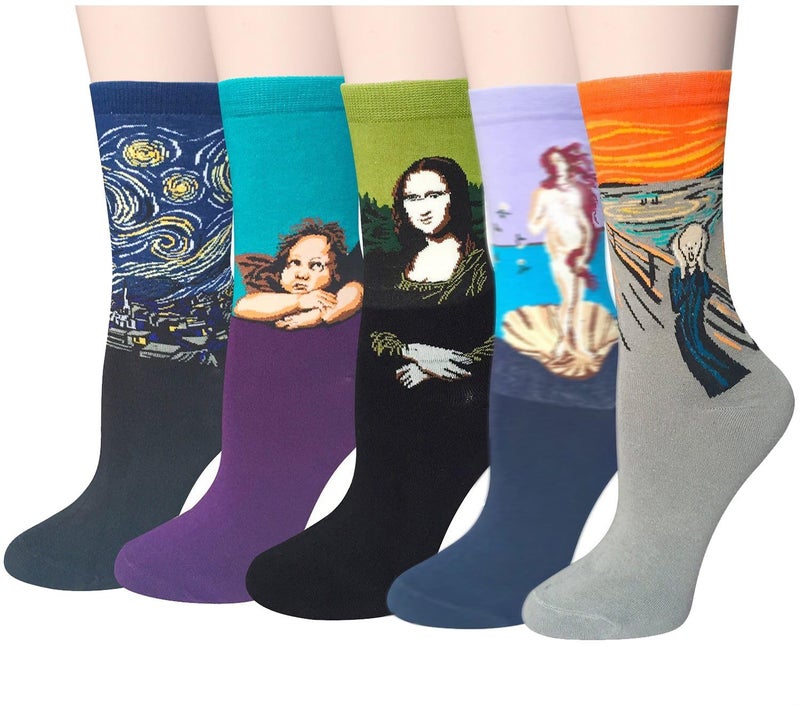 Chalier 5 Pairs Womens Famous Painting Art Printed Funny Casual Cotton Crew Socks, Art Painting B, Fits shoe size, mens 5-10, womens 6-11 - Image 1