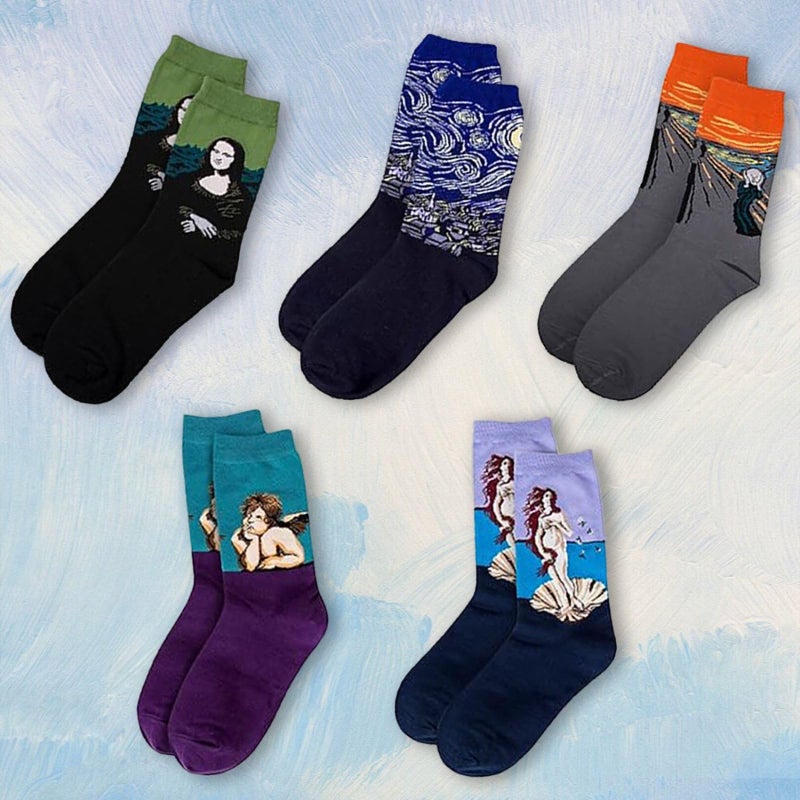 Chalier 5 Pairs Womens Famous Painting Art Printed Funny Casual Cotton Crew Socks, Art Painting B, Fits shoe size, mens 5-10, womens 6-11 - Image 2