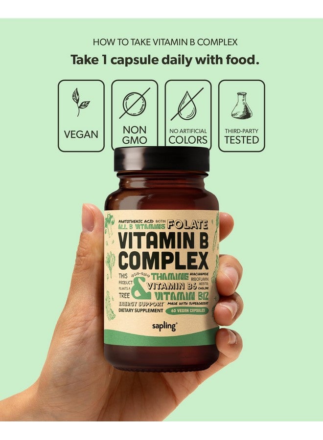 sapling sapling Vegan Vitamin B Complex - Whole Food Blend with Essential B Vitamins B1, B2, B3, B5, B6, B7, Folate, B12-60 Caps  - Image 4