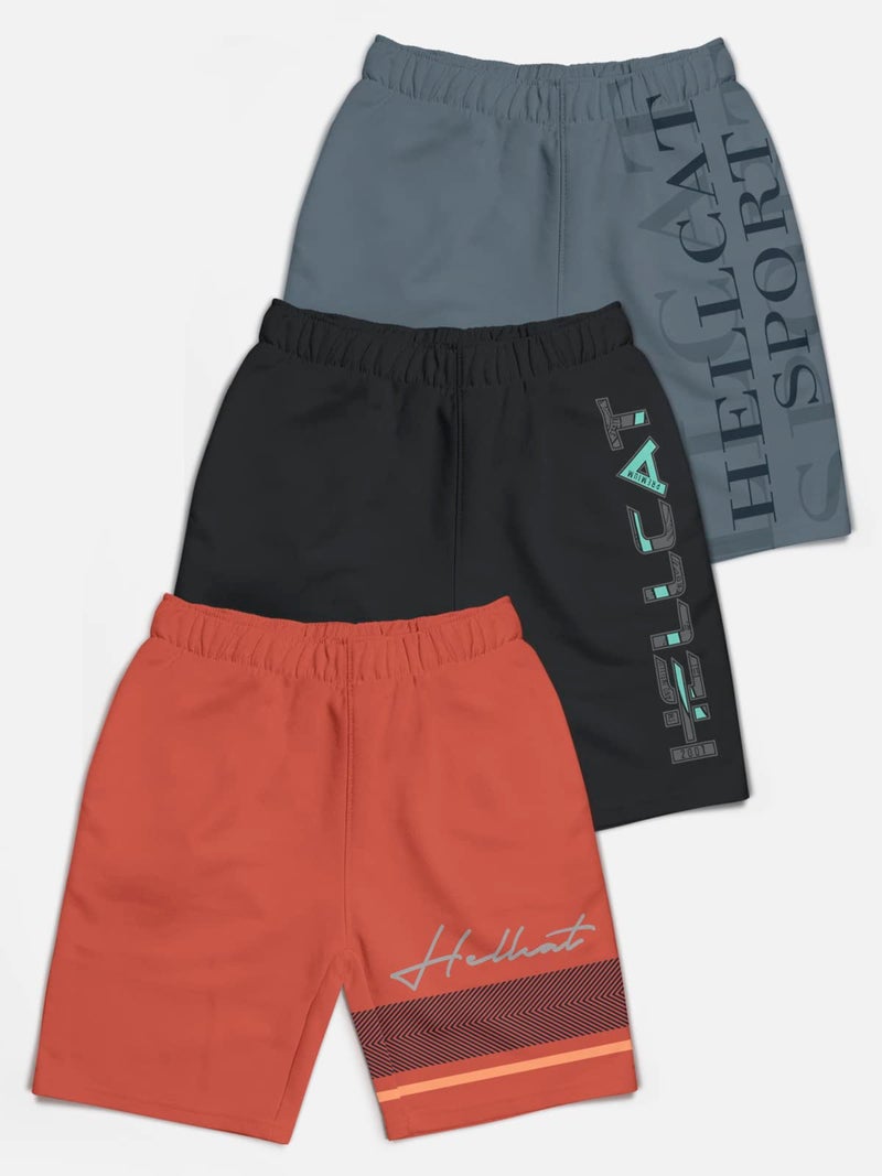 HELLCAT Pack of 3 Trendy Typographic Printed Mid Rise Shorts for Boys - Orange/Grey/Dark Grey / 3-4 Years - Image 2