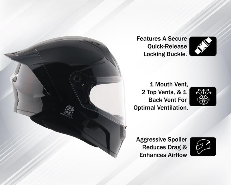 Vega Sonic Solid Full Face Motorcycle Helmet with Shock Absorbing Liner, Comfortable Interior, Lightweight Shell, Aerodynamic Design, Ventilated Fit, and Trendy Black Finish Black-L - Image 5