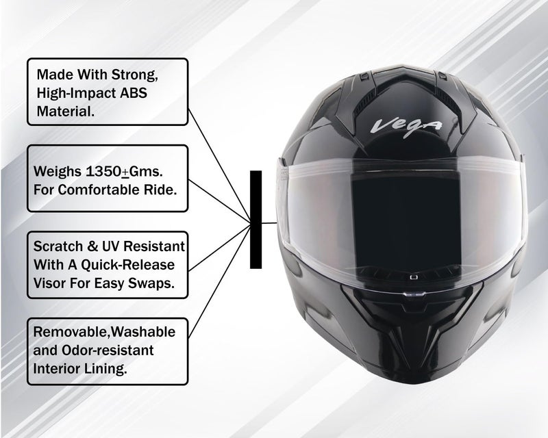 Vega Sonic Solid Full Face Motorcycle Helmet with Shock Absorbing Liner, Comfortable Interior, Lightweight Shell, Aerodynamic Design, Ventilated Fit, and Trendy Black Finish Black-L - Image 4