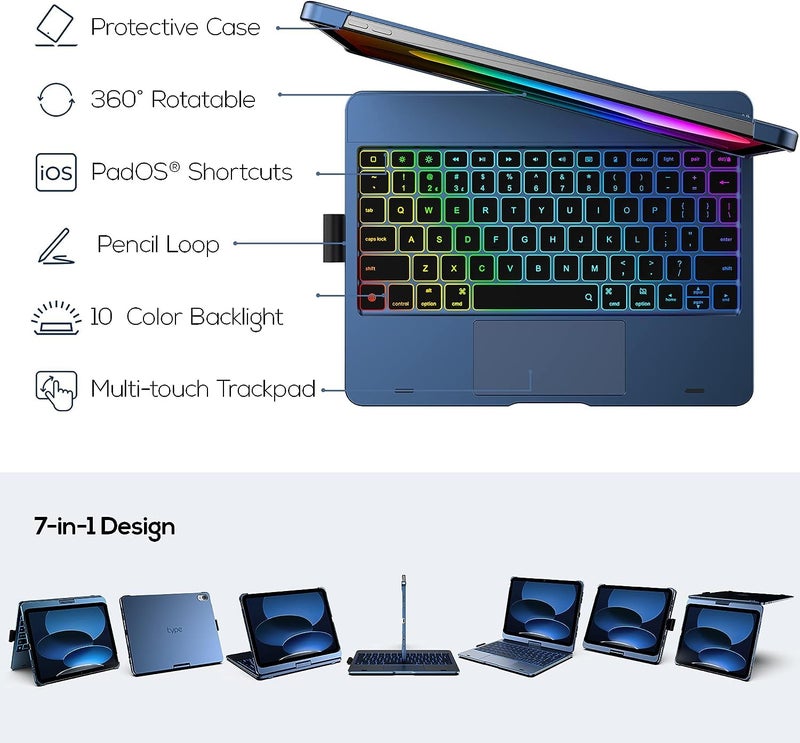 typecase Touch Keyboard for 11th (A16) & 10th Gen with Multi-Touch Trackpad, 11-Colors Backlit, 360° Rotatable Multi Viewing Angle, Pencil Holder(Not fit to Air 11/Air 5th/Pro 11)-Midnight Blue26 - Image 2