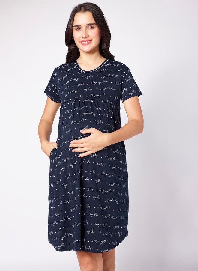 beebelle Navy Blue Typography Printed Maternity Nightdress - Image 1