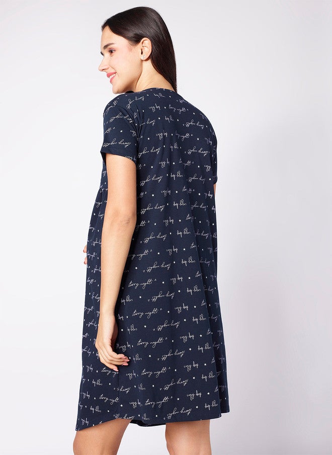 beebelle Navy Blue Typography Printed Maternity Nightdress - Image 4