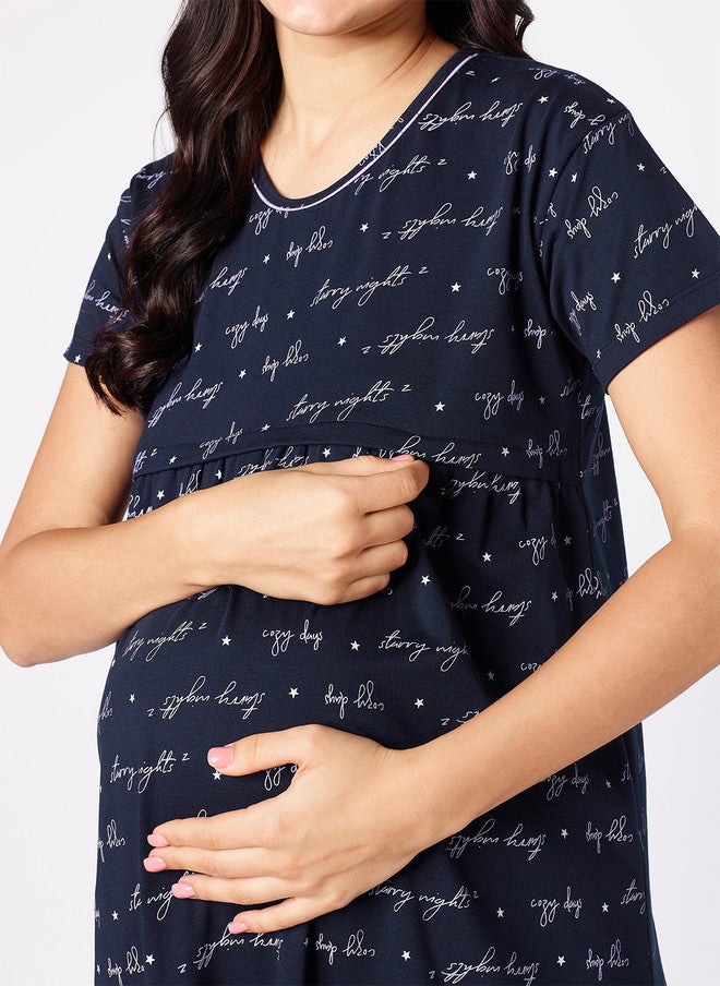 beebelle Navy Blue Typography Printed Maternity Nightdress - Image 2