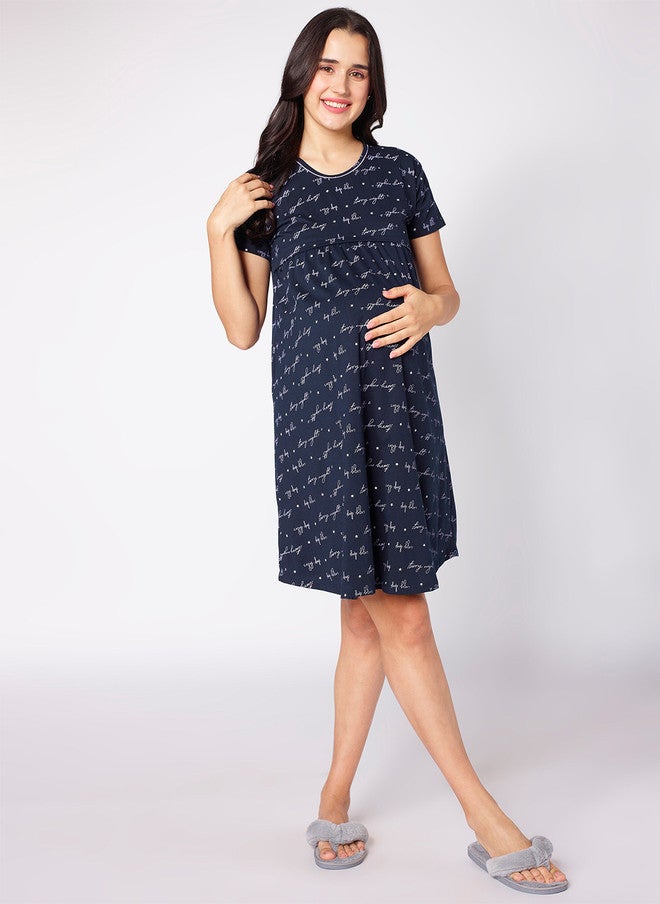 beebelle Navy Blue Typography Printed Maternity Nightdress - Image 5