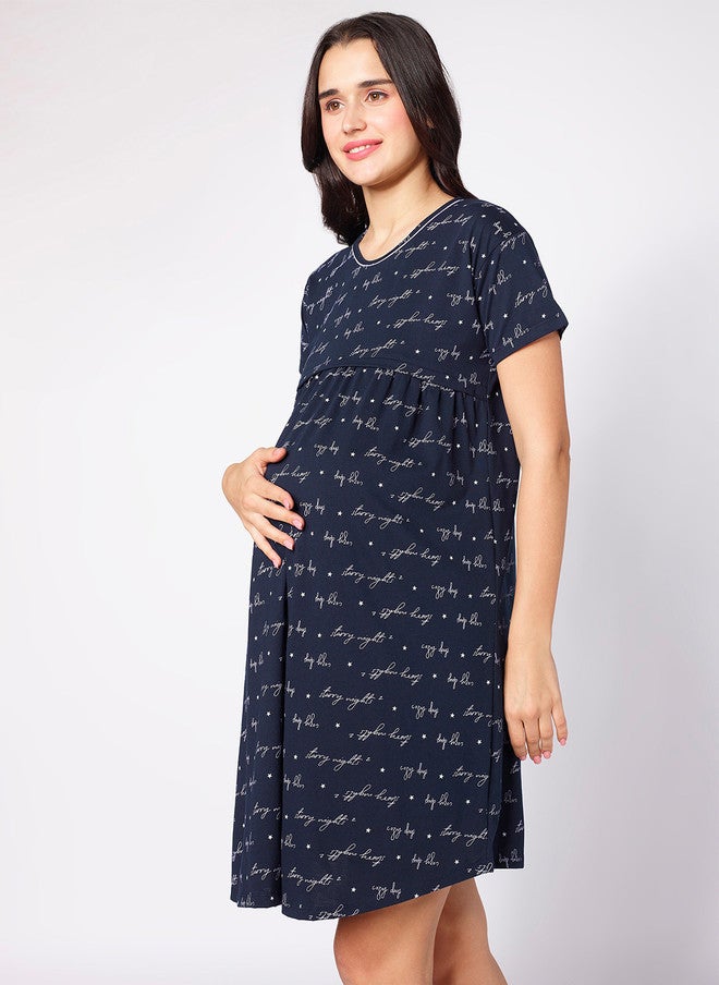 beebelle Navy Blue Typography Printed Maternity Nightdress - Image 3