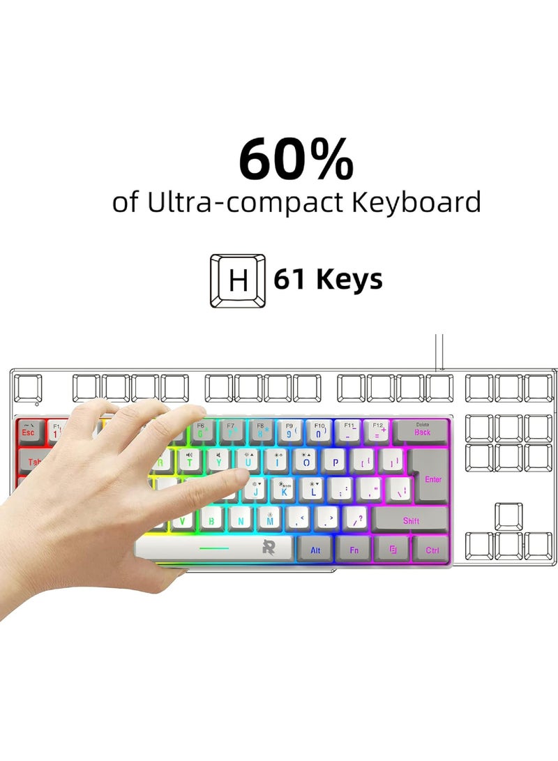 Rock Pow Arabic English 60% Wired Gaming Keyboard RGB Backlit Mini Keyboard Waterproof Small Ultra-Compact 61 Keys Keyboard for PC/Mac Gamer Typist Travel Easy to Carry on Business Trip - Image 3