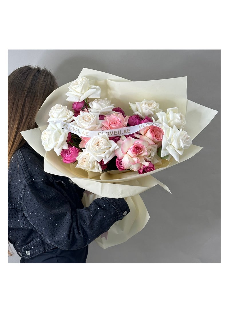 Generic Timeless Elegance: Pink & White Rose Bouquet in Soft Beige Wrap