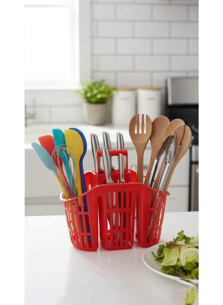 3-Compartment Plastic Cutlery Drainer & Utensil Holder - Kitchen Caddy with Safety Knife Slots & Carry Handle - Fast Drying Design - Red - Image 3