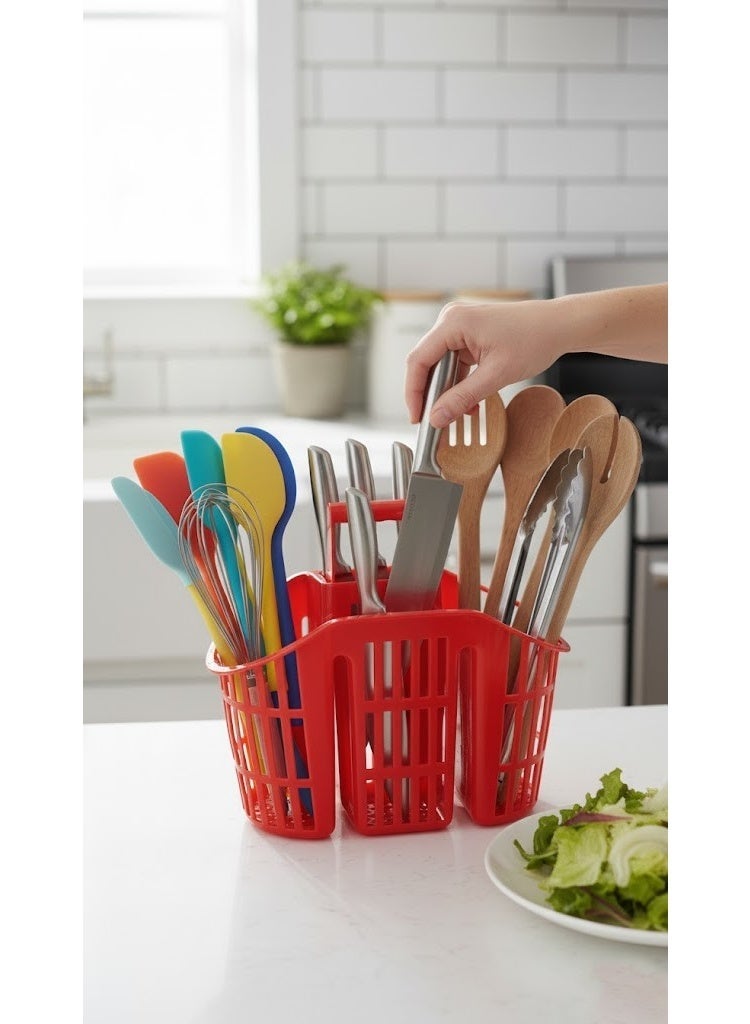 3-Compartment Plastic Cutlery Drainer & Utensil Holder - Kitchen Caddy with Safety Knife Slots & Carry Handle - Fast Drying Design - Red - Image 4