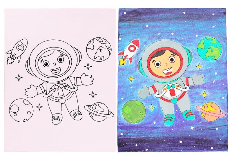 Kalakaram DIY Canvas Painting Kit for Kids – Pre-Printed Designs Wooden Frame Canvas Board with Paint & Brush | Birthday Return Gift | Creative Painting Activity Kit for Children | Ages 4-12 | A4 Size - Space Boy - Image 3
