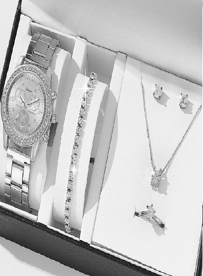 Geneva Shining Ladies Watches Gifts Set with Diamond Decorated Bracelet Necklace Ring Earrings Luxury Fashion Quartz Wrist Womens Watch 5Pcs Set